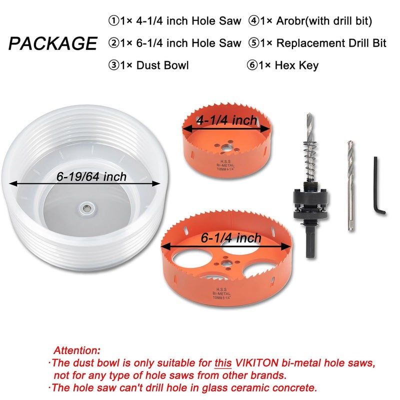 VIKITON 6-1/4 & 4-1/4 Hole Saw for Recessed Lights, 6.25 & 4.25 Inch Hole Cutter with Dust Bowl Catcher for 6 & 4 Inch Led Recessed Lighting and Wood Metal Drywall, Bi-Metal Construction - Image 3